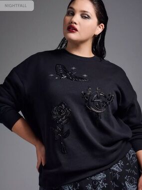 NIGHTFALL BY TORRID Black Moth Rose Celestial Beaded Crewneck Sweatshirt Goth